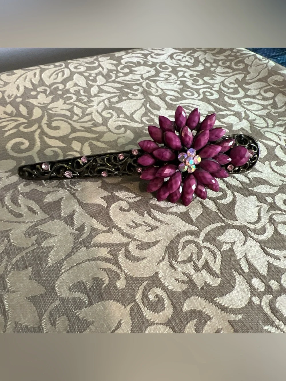 Vintage Hair Clip Purple Jeweled Gold Tone Floral Fashion Hairstyle